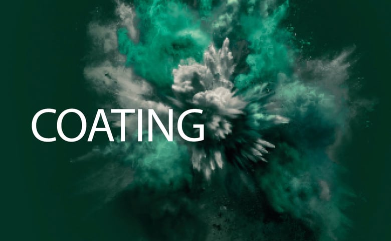 Green-turquoise powder cloud on a dark background with the white text “COATING”.