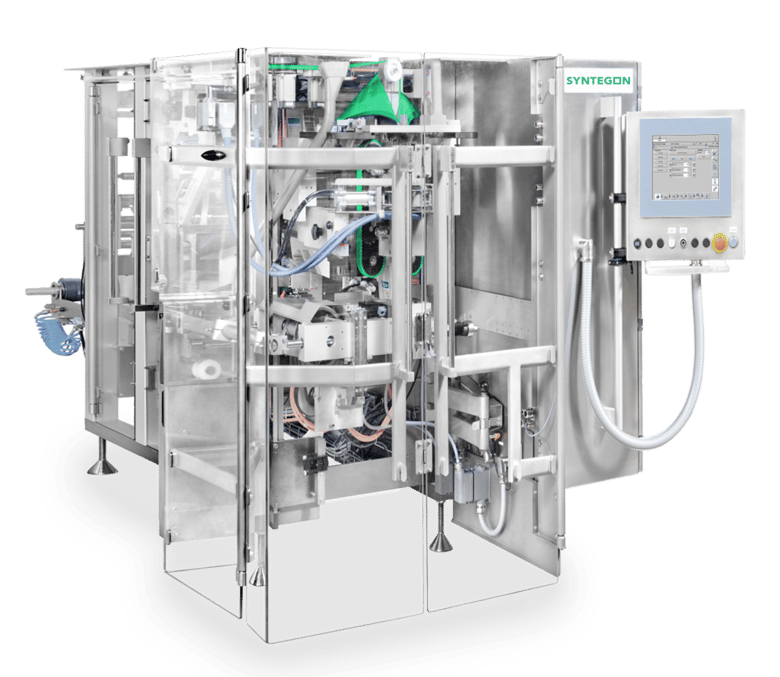 Vertical bagging machine SVE DoyZip for premium stand-up pouches, shown with touchscreen control panel.