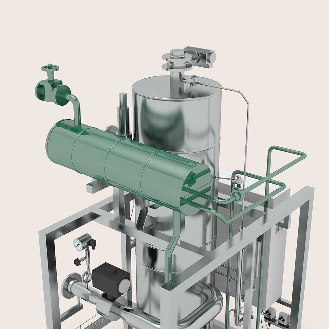 3D render of a Syntegon pure media generator skid showing stainless steel vessel and piping for pharmaceutical PW, WFI and Pure Steam utilities