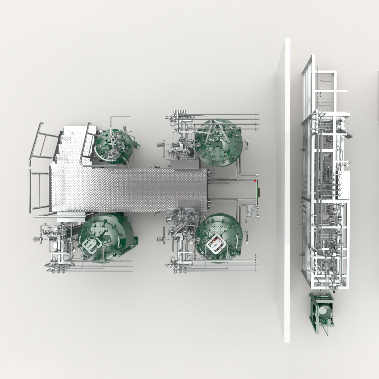 Top and side view of modular Syntegon SVP and LVP pharmaceutical formulation skids for flexible batch concepts.