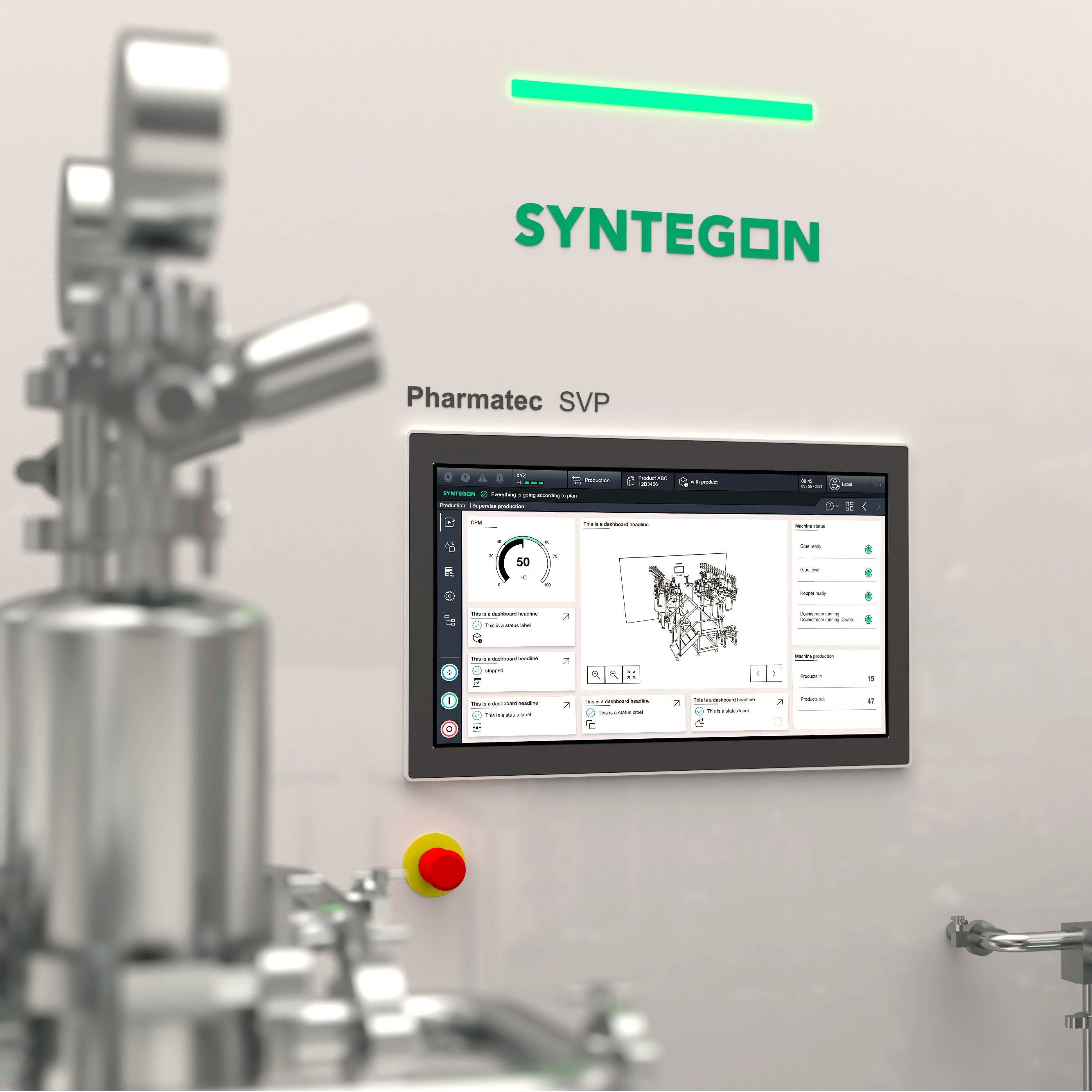 Syntegon Pharmatec SVP control panel on a stainless steel pharmaceutical formulation skid showing automated mixing and filtration interface.
