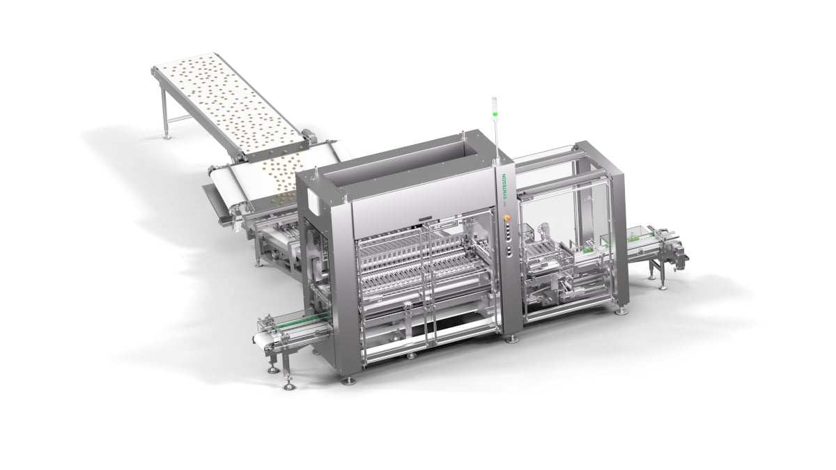 Syntegon's all-new count feeder groups cookies particularly gently and places them in trays made of plastic or cardboard or into flow wrapper infeeds.