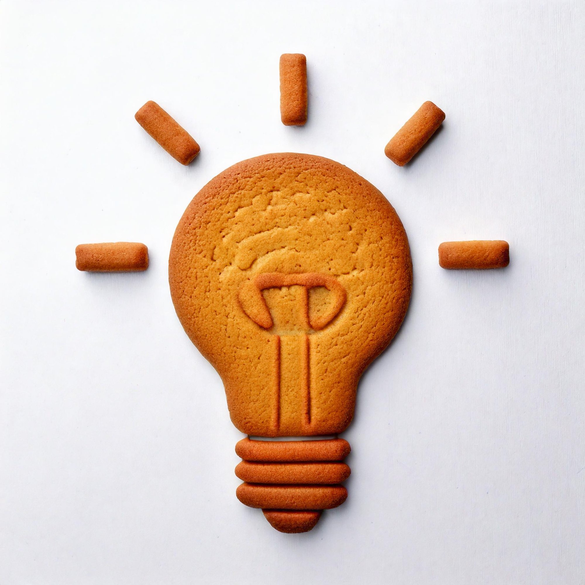 Cookie shaped like a glowing light bulb on a light background, surrounded by small cookie rays symbolizing ideas and innovation.