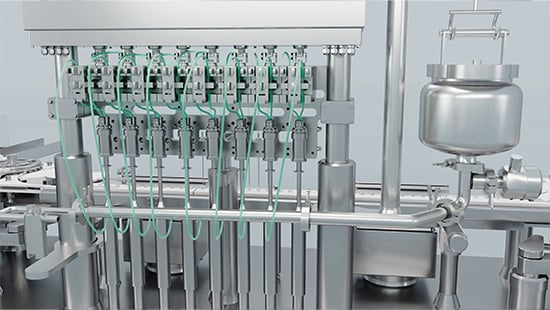 Rolling-Diaphragma-Pumpensystem mit Edelstahlkomponenten und präzisen Dosierköpfen integriert in eine pharmazeutische Abfüllmaschine für aseptische Flüssigkeitsabfüllung.