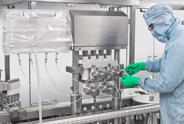 Single-Use-Abfüllmaschine mit flexibler Schlauchführung und Edelstahlkomponenten entwickelt für die aseptische Arzneimittelabfüllung in sterilen Produktionsumgebungen.