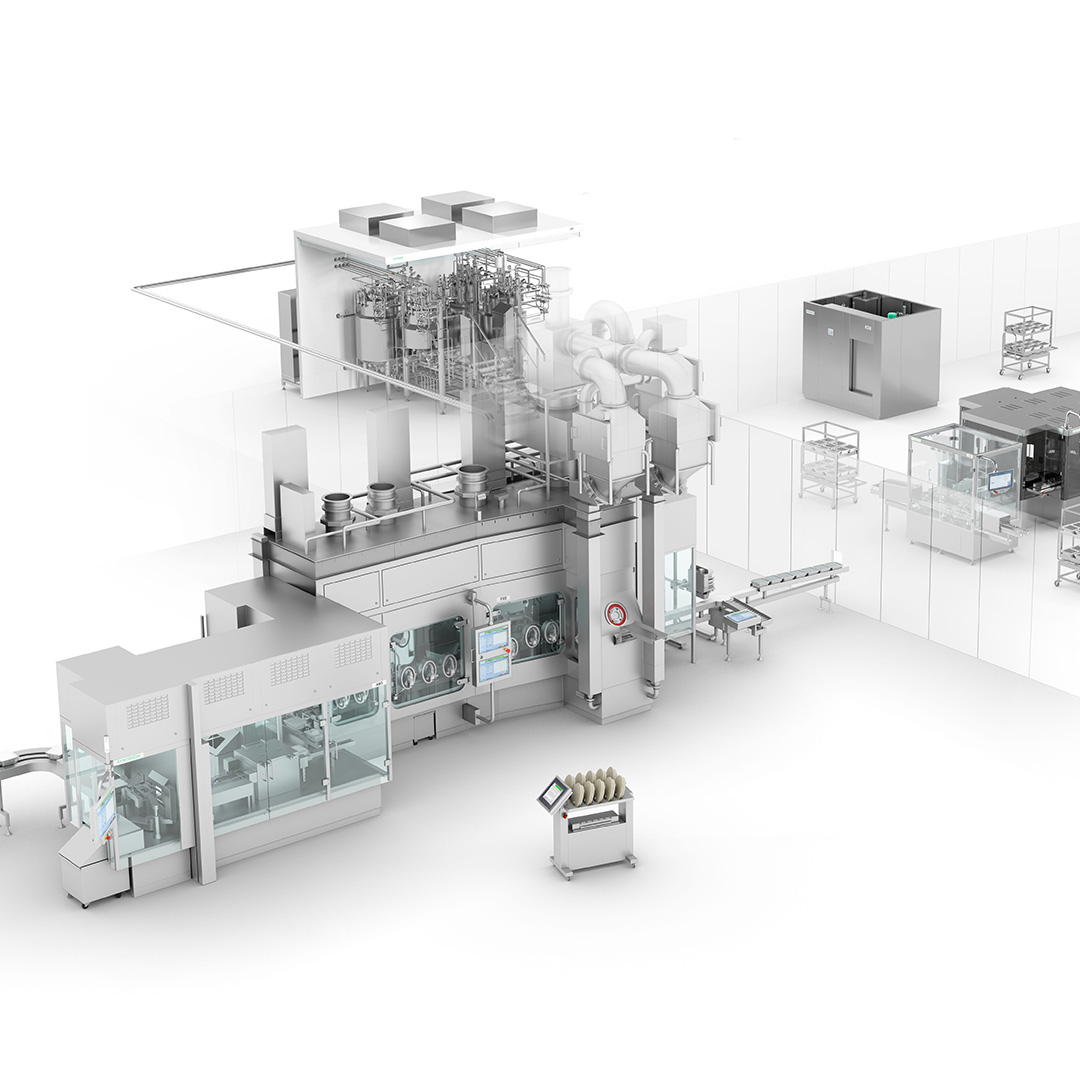 Rendered view of a complete aseptic ready to use fill finish line with isolator, conveyors and downstream equipment