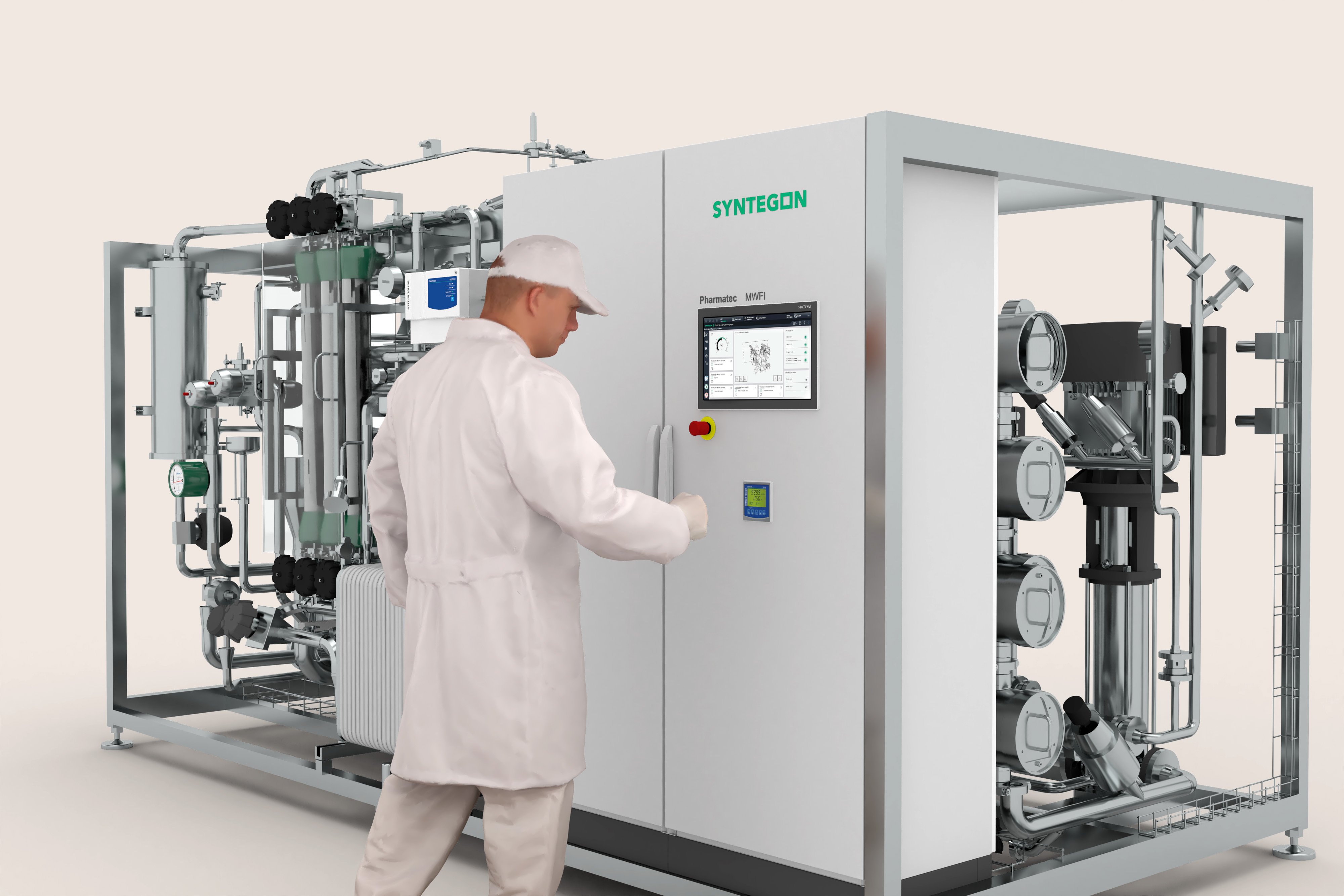 Operator in cleanroom clothing operating Syntegon MWFI membrane WFI generator skid for energy efficient WFI production