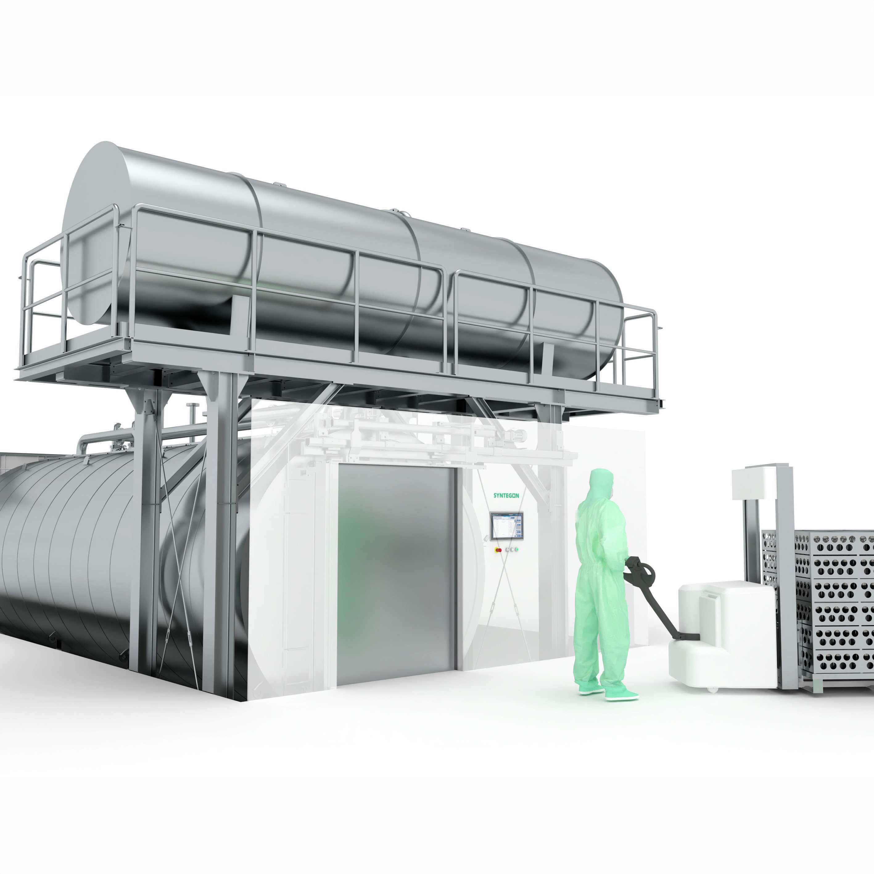 Syntegon Aquatherm hot‑water shower sterilizer with overhead tank and operator beside stacked trays, illustrating up to 20% energy savings from its design.
