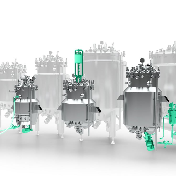 Syntegon SVP modular formulation system with multiple stainless steel vessels for 50 to 1000 L small volume batches.