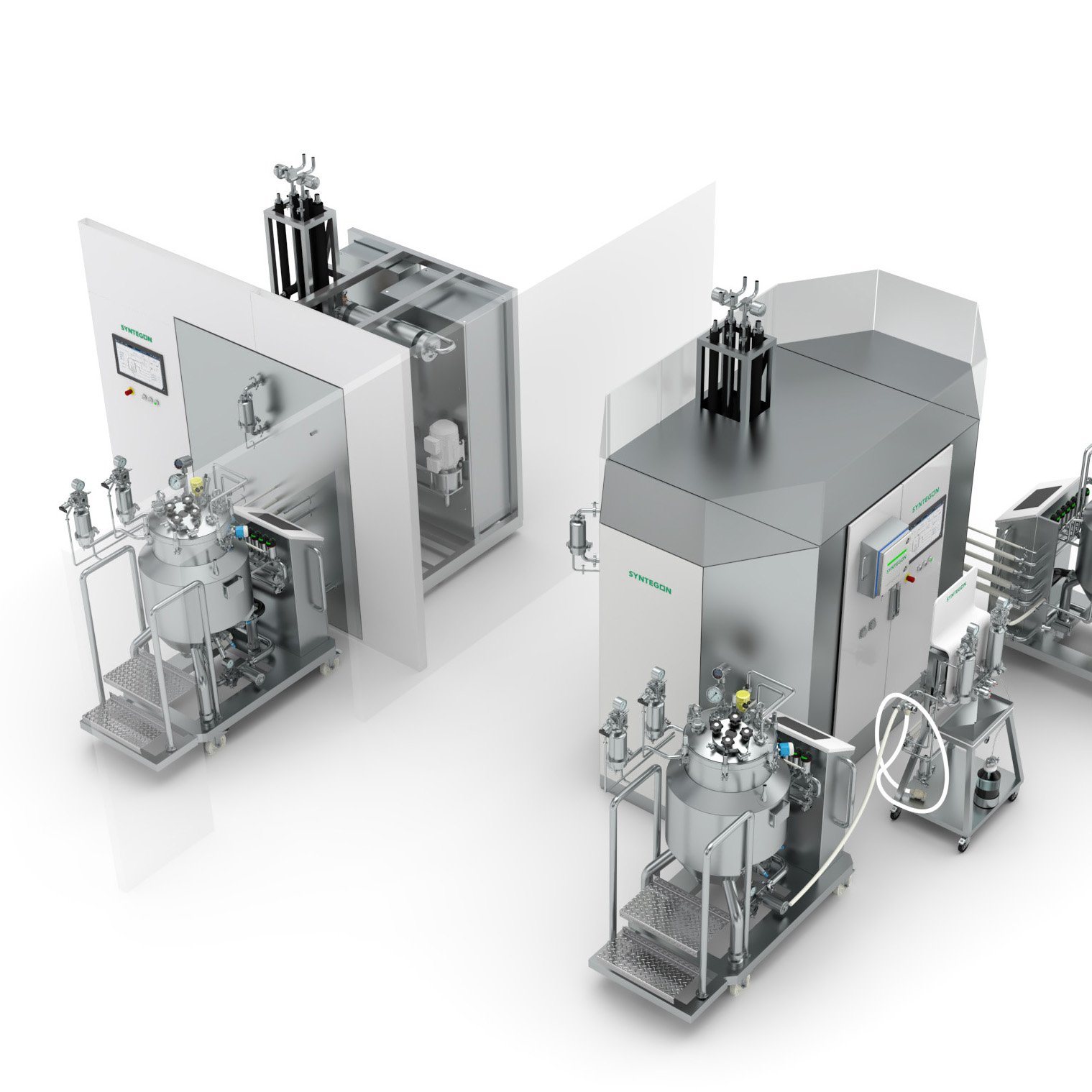 Flexible Process Platform with separate formulation and COP/SOP skids running production and cleaning in parallel to save cleanroom space.
