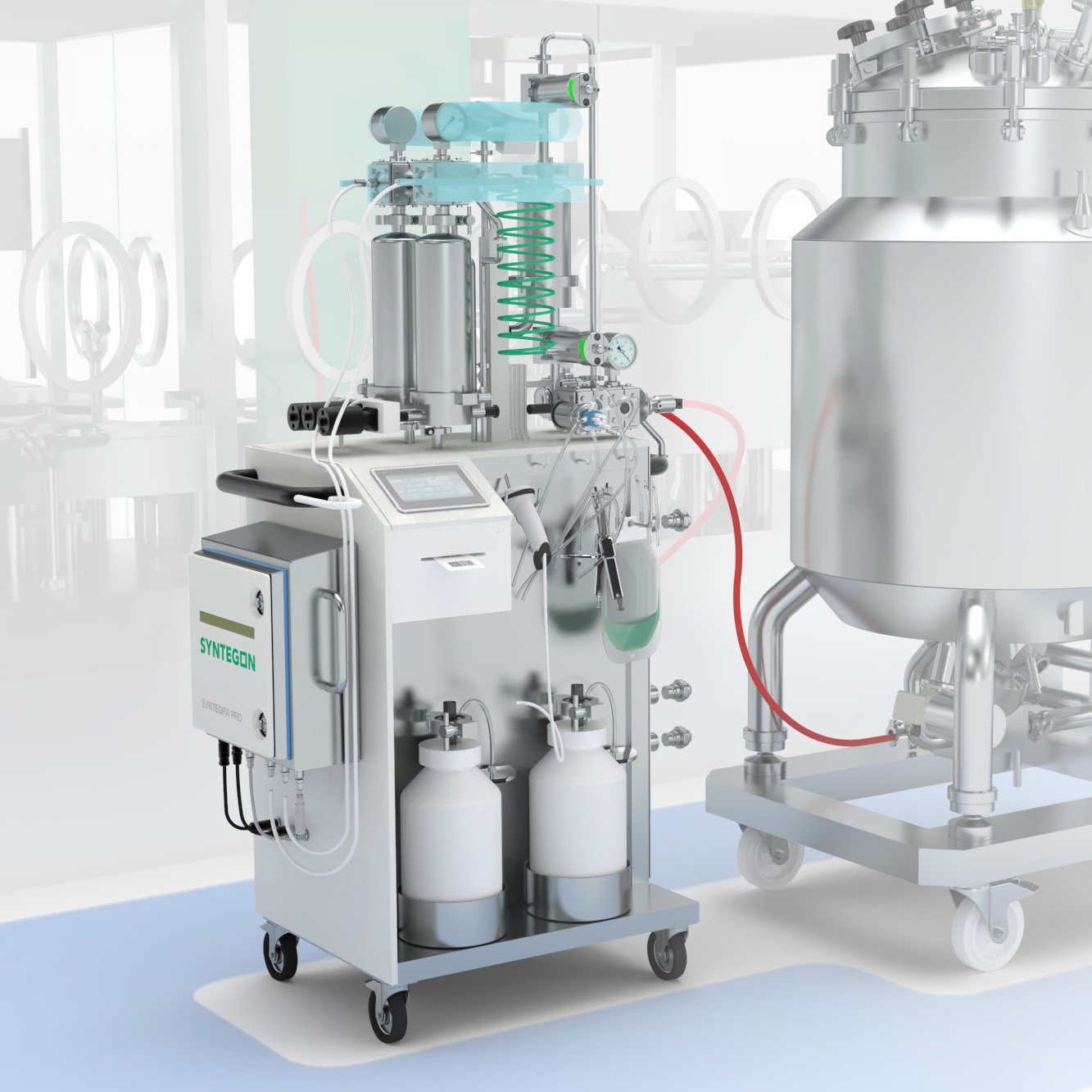 Mobile Syntegon filter integrity test unit with four automated tests connected to a formulation vessel in a sterile formulation line.
