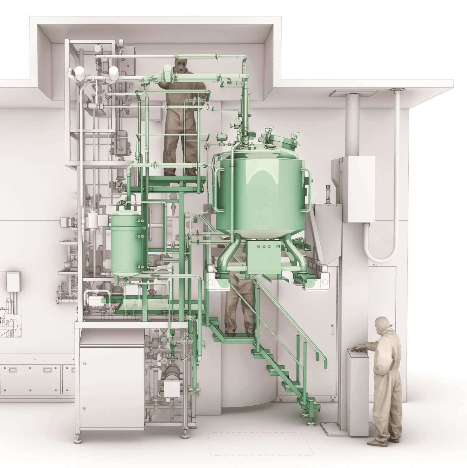 Syntegon formulation and filling line with highlighted 150 and 600 L tanks and operator, shown in Janssen Vaccines capacity expansion case study.