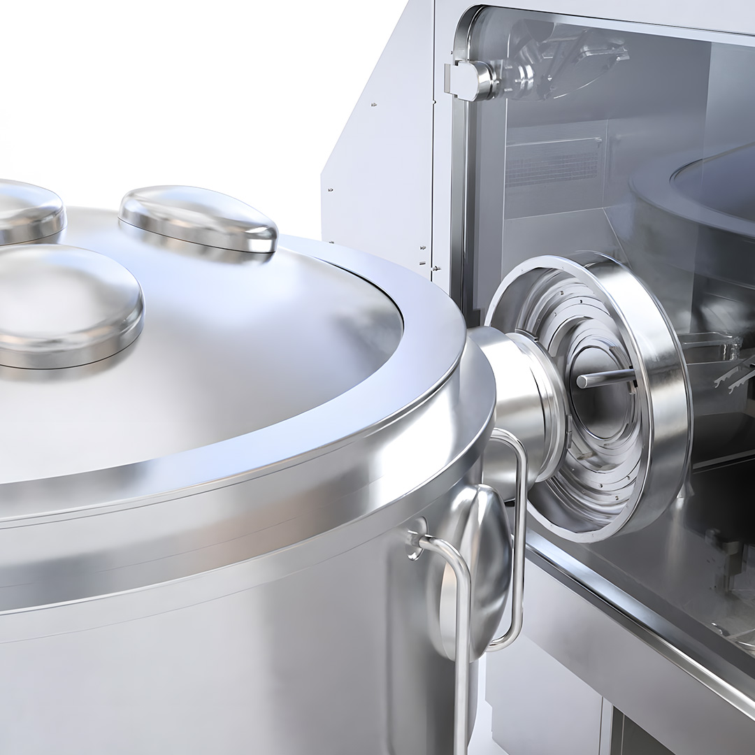 Close-up of the Syntegon RackSter stainless steel vacuum-steam sterilizer docking interface, showing the sealed transfer port and isolator connection mechanism for contamination-free sterile parts transfer.