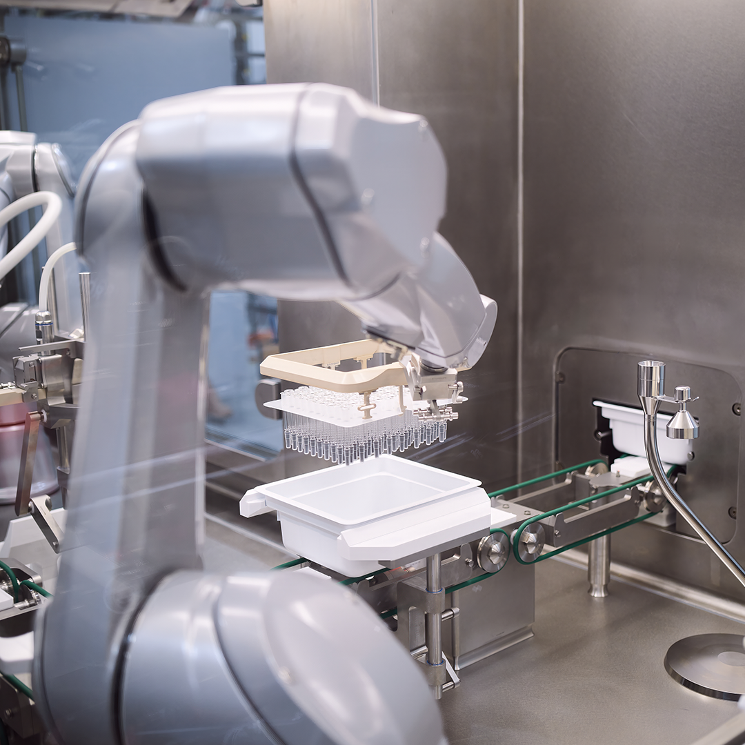 Industrial robot arm inside an aseptic machine lifting a nest of ready to use containers above a white tray on a conveyor.