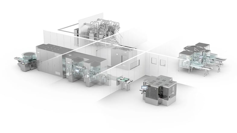 Automated cartridge filling line featuring integrated isolators, inspection systems, and downstream equipment for pharmaceutical production.