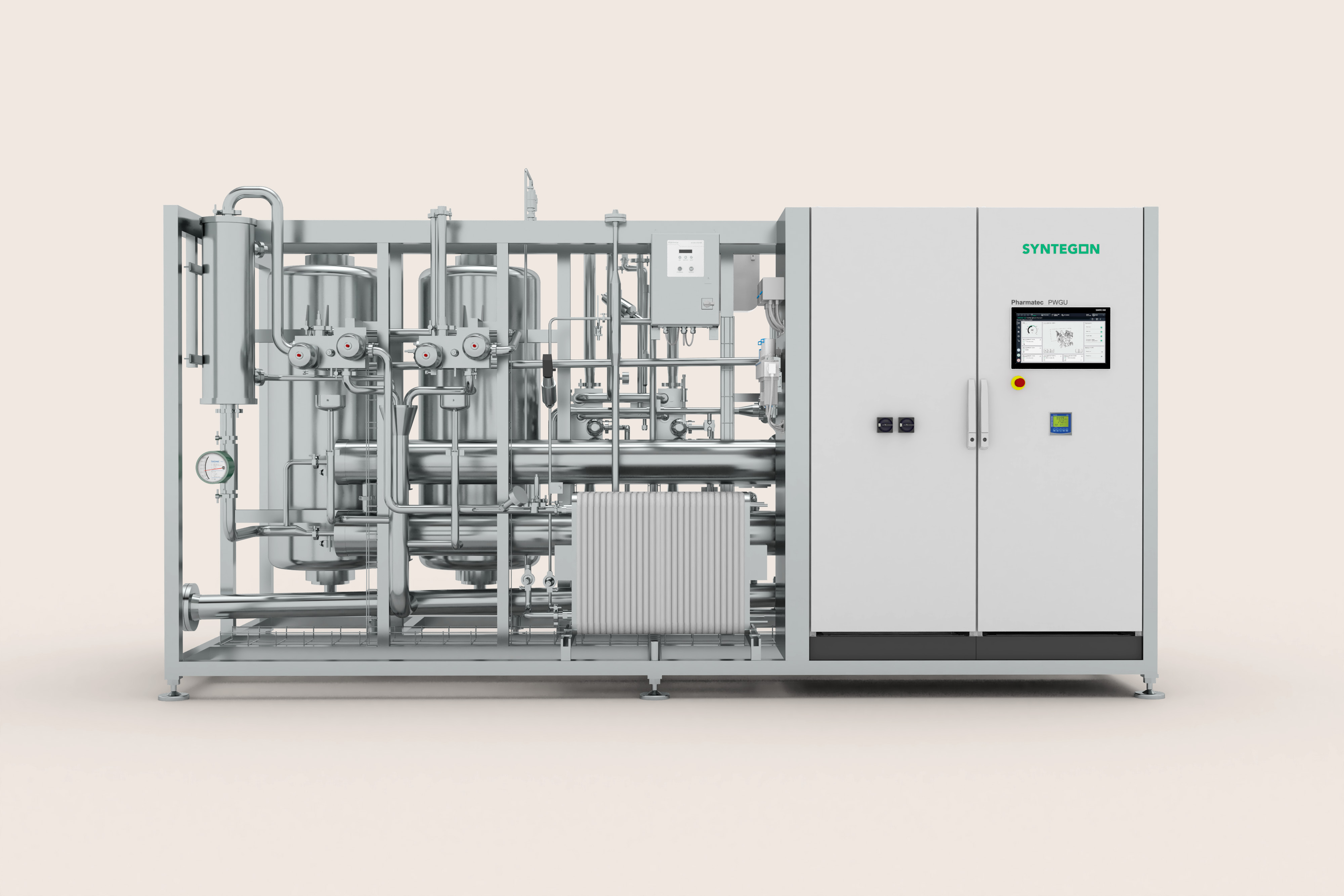 Syntegon PWGU skid for membrane based purified water generation with stainless steel piping and control cabinet