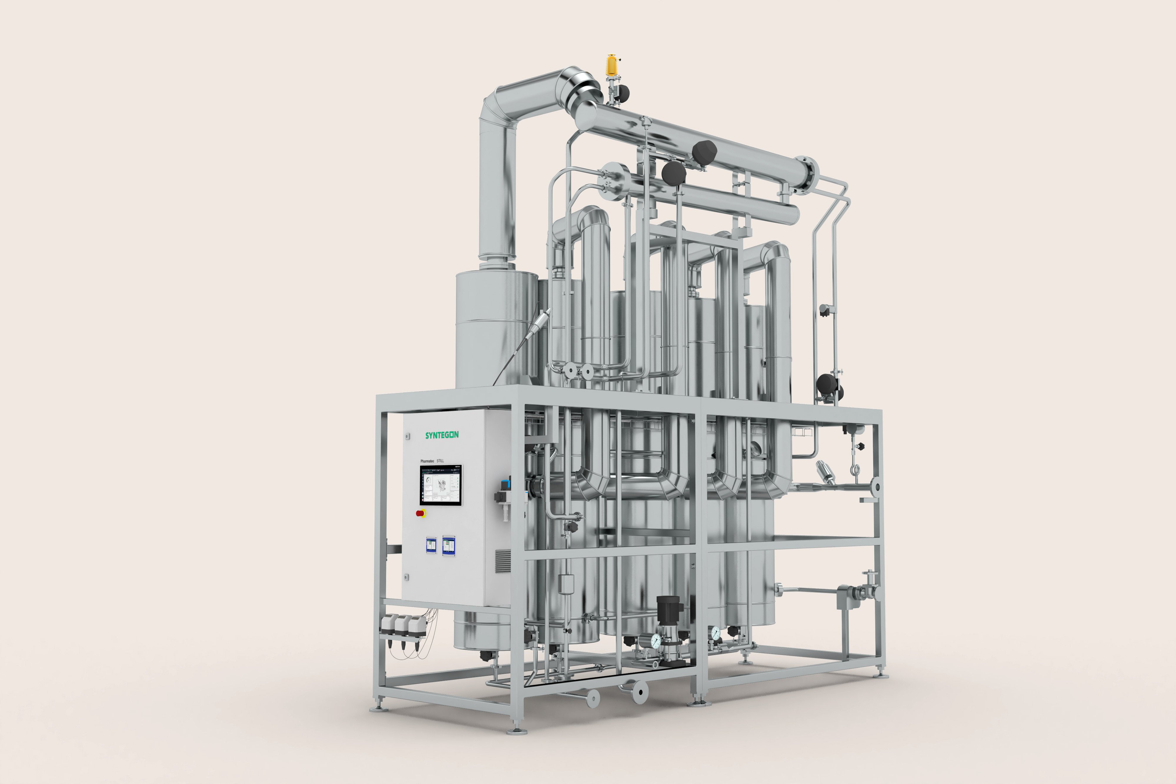 Syntegon STILL multi column distillation unit for thermal WFI and Pure Steam generation with vertical columns and operator panel