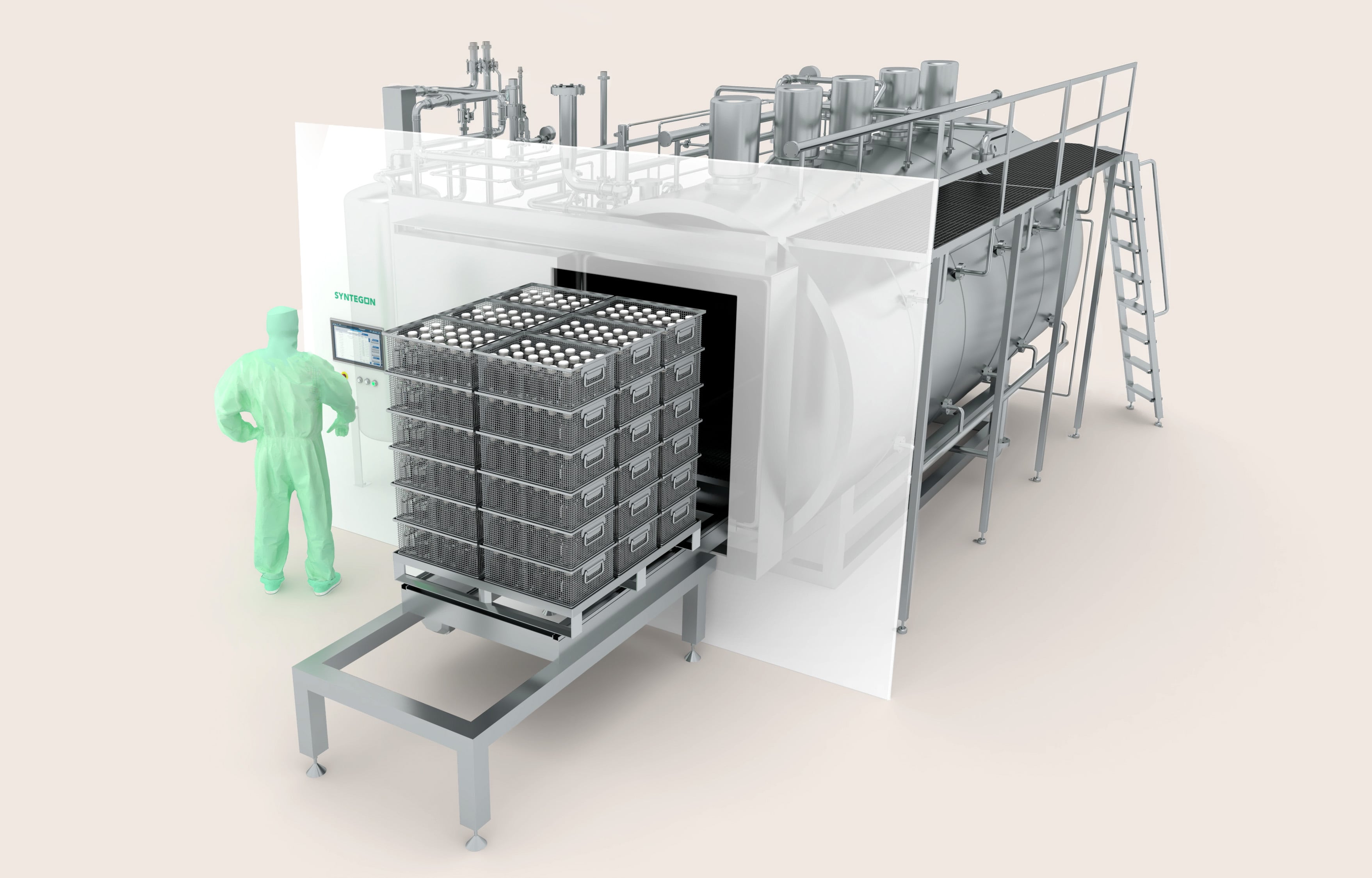 Syntegon Rototherm steam/air‑mixture sterilizer with automated tray loading; for liquid pharmaceuticals in open containers; baffle plates ensure even, fast heating.