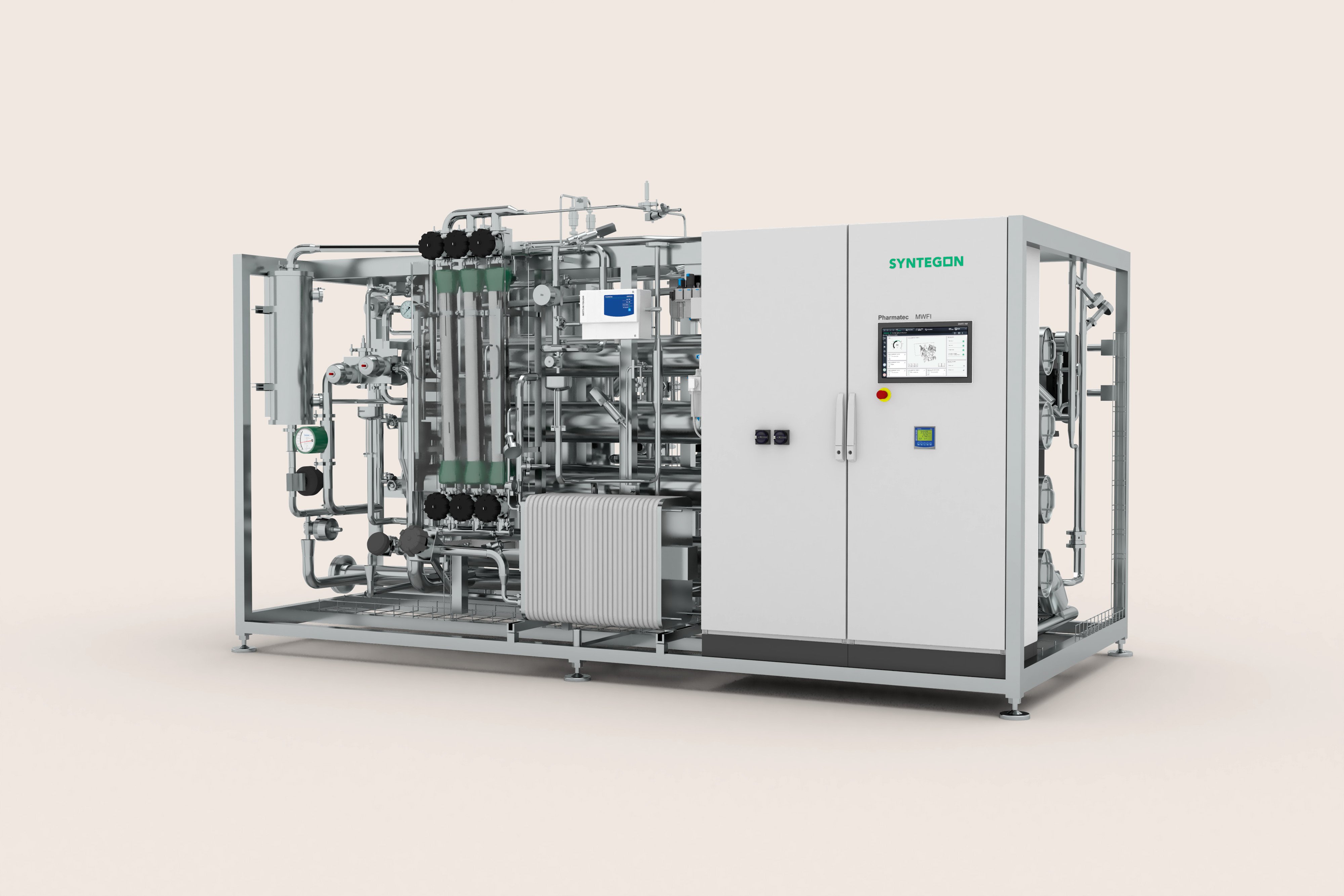 Syntegon MWFI skid for cold membrane based WFI generation using RO, EDI and UF with compact stainless steel frame and control cabinet