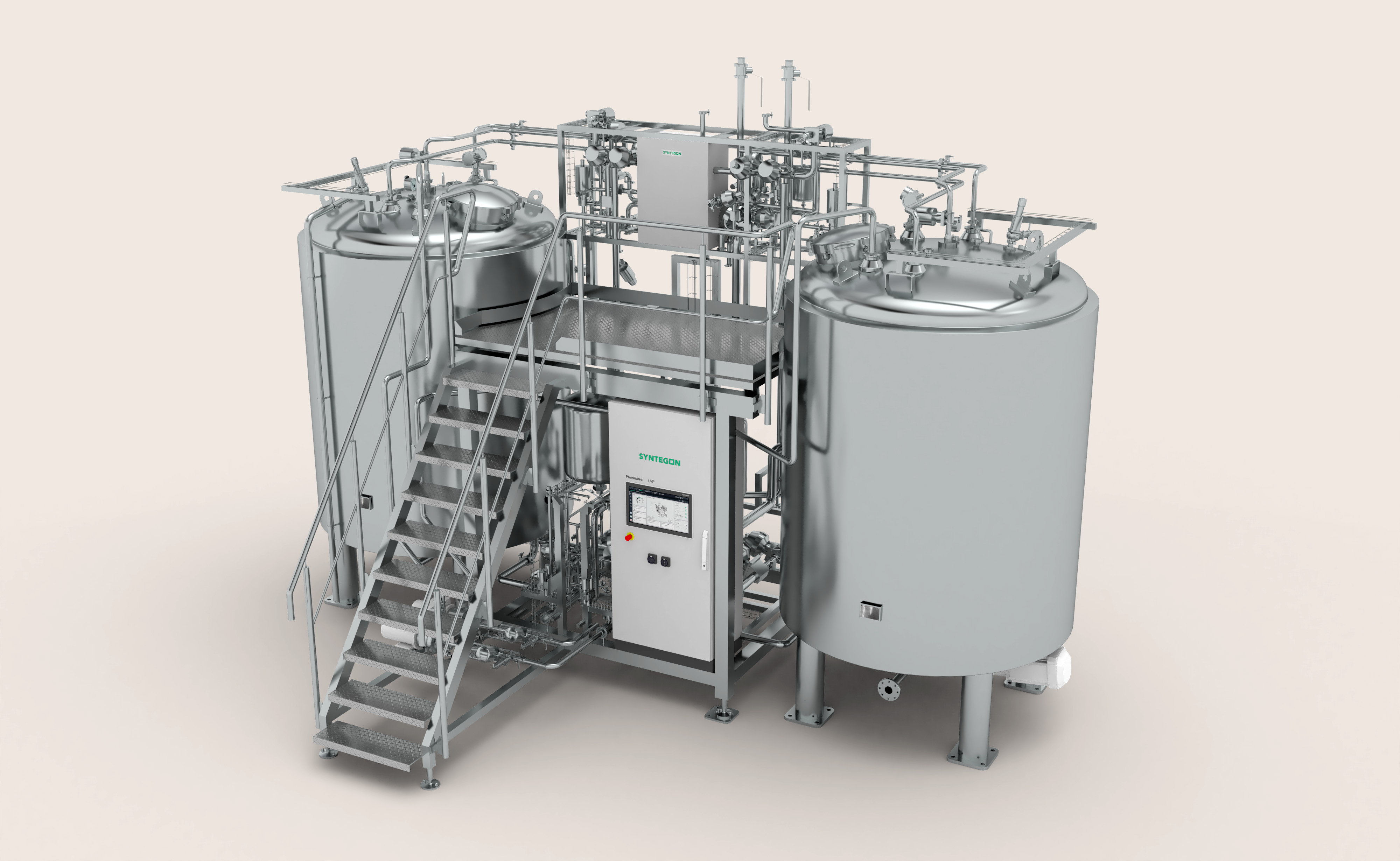 Syntegon LVP formulation system with large stainless steel tanks and platform for large volume parenteral production