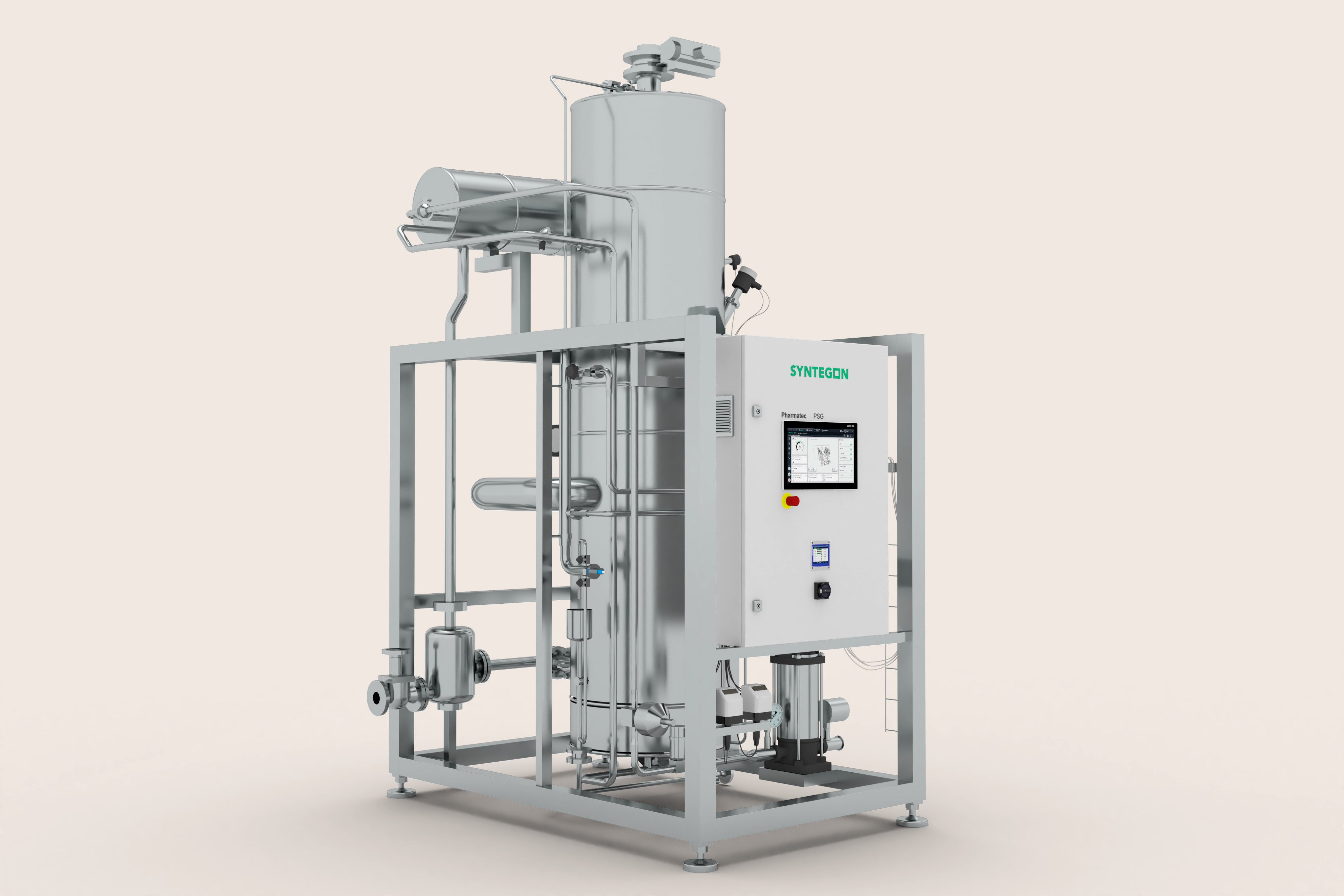 Syntegon PSG pure steam generator with vertical natural circulation column and control cabinet for pharmaceutical sterilization utilities