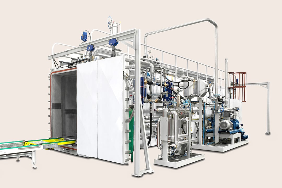 Syntegon SteriEtox ethylene oxide sterilization system for medical devices; fully automated to minimize EO exposure during sterilization of catheters, stents, and complex assembled devices.