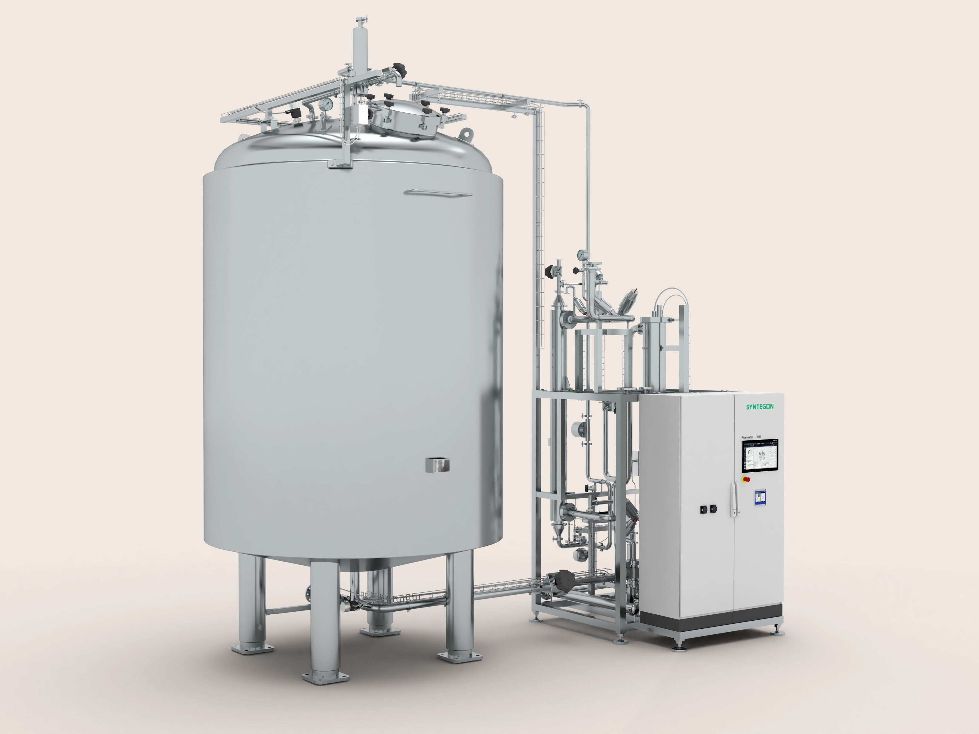 Syntegon LUV pharmaceutical pure water storage tank with skid mounted monitoring unit for PW and WFI buffer and distribution