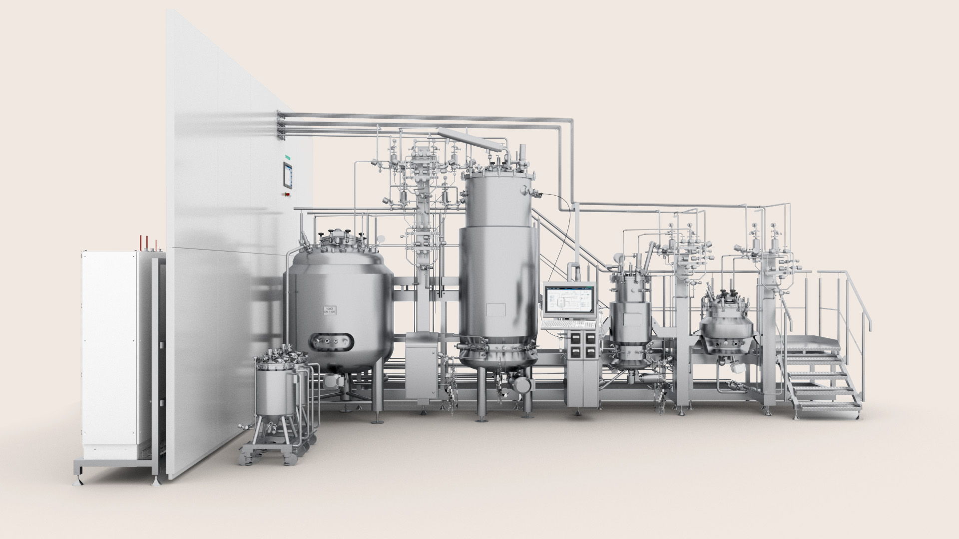 Syntegon Modular Bioprocessing Platform with multiple stainless steel bioreactors and integrated skid