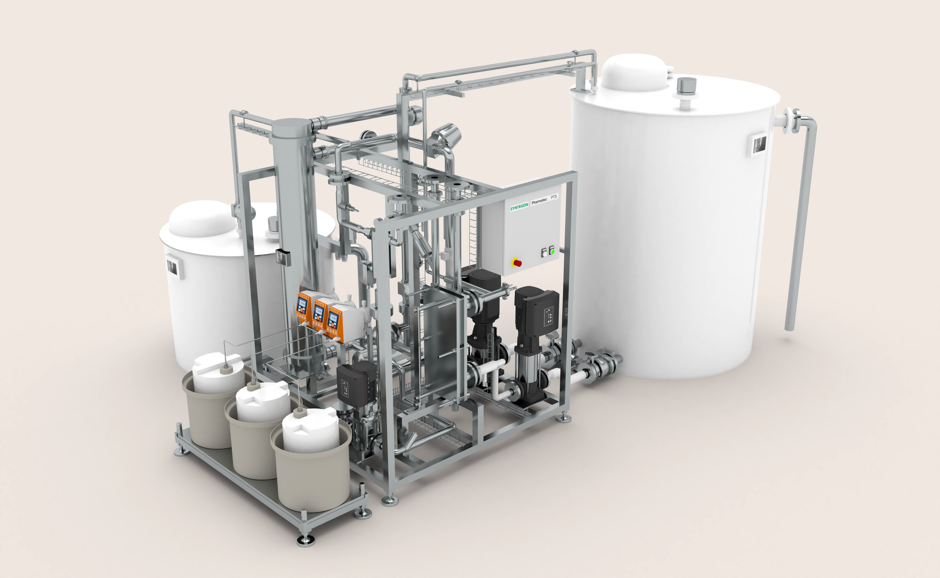 Syntegon PTS raw water pretreatment skid with filters dosing tanks and pumps for pharmaceutical purified water generation