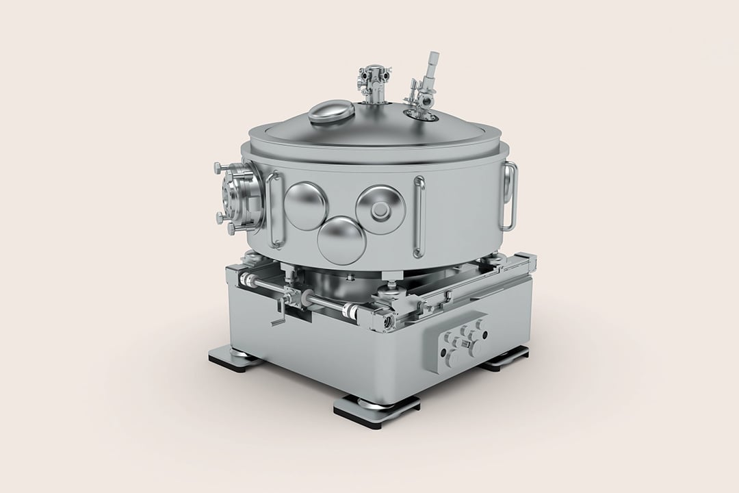 Syntegon RackSter vacuum-steam parts sterilizer on a mobile multi-rack platform; designed for aseptic line batch changeovers and automated steam sterilization of pharmaceutical equipment parts.